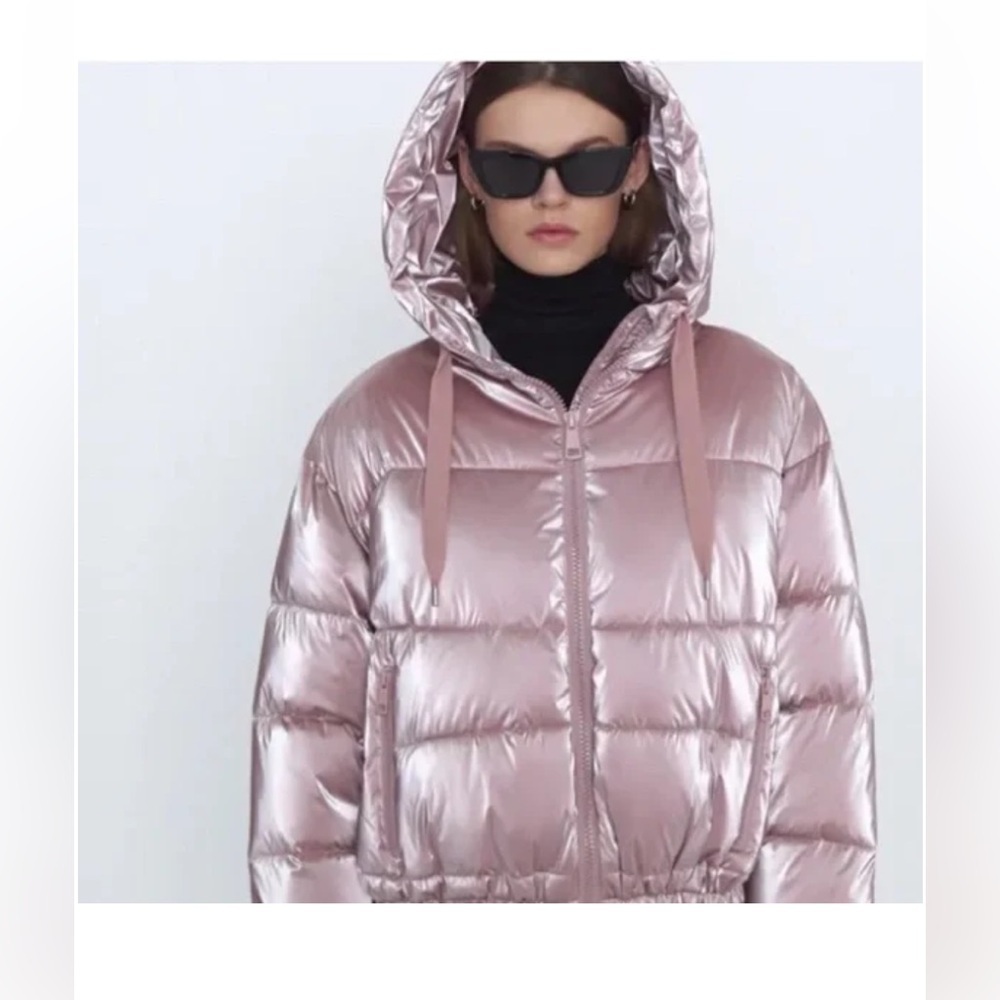 Zara Pink Metallic Shine Hooded Puffer Jacket Medium